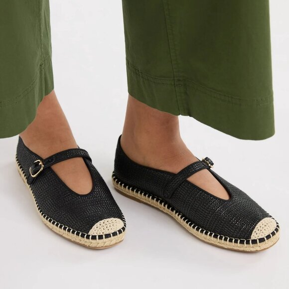 NWT, New In Box, SZ 7.5, Black & Tan Woven Mesh Mary Jane Espadrilles - Picture 1 of 2
